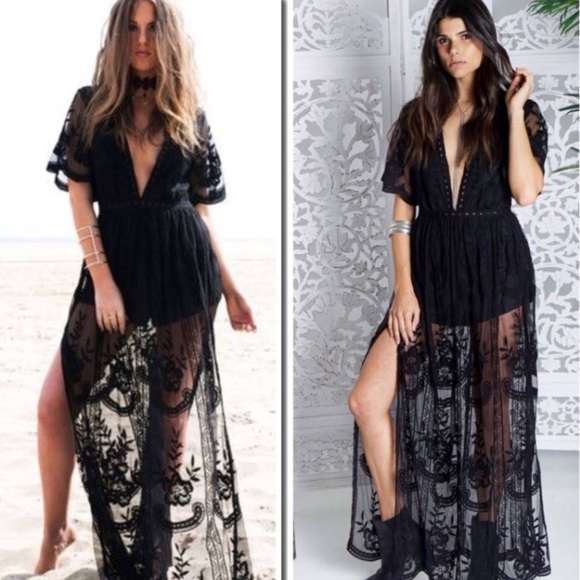 🆕Rae Honey Punch Black Lace Romper Maxi Dress - Picture 3 of 8