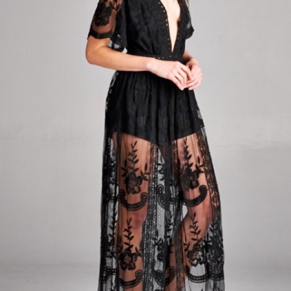 🆕Rae Honey Punch Black Lace Romper Maxi Dress - Picture 4 of 8