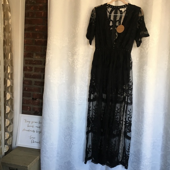 🆕Rae Honey Punch Black Lace Romper Maxi Dress - Picture 6 of 8