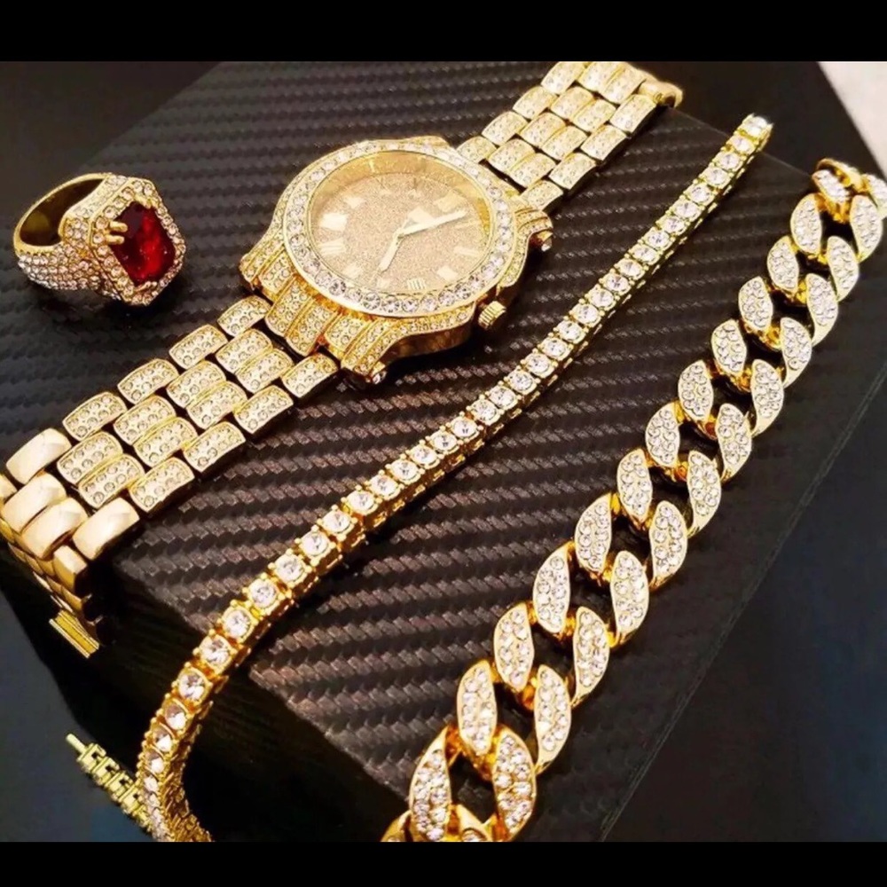 Men’s Gold Watch&Cuban&One Row Chain&Ring