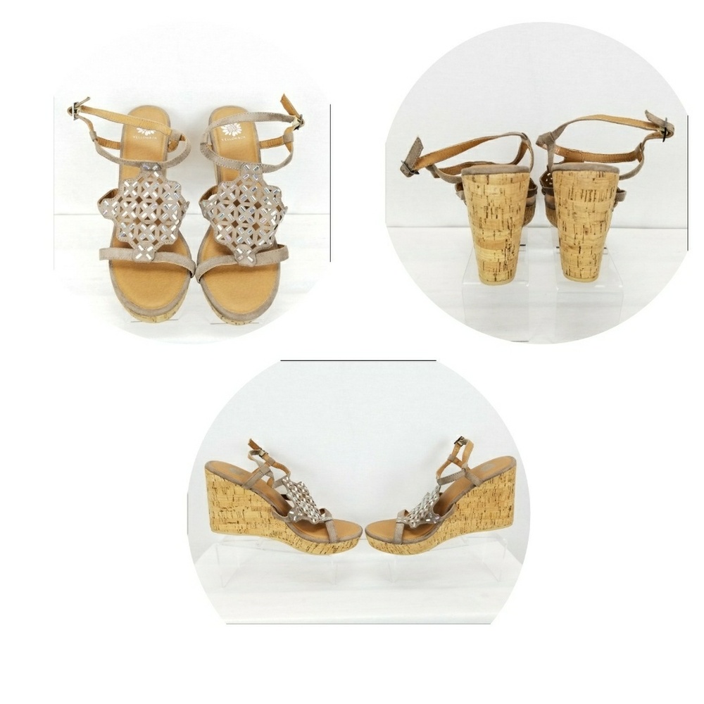 YELLOW BOX BROWN LEATHER EMBELLISHED STRAP WEDGES