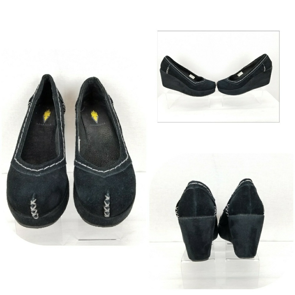 Volatile black suade split toe stitched wedges