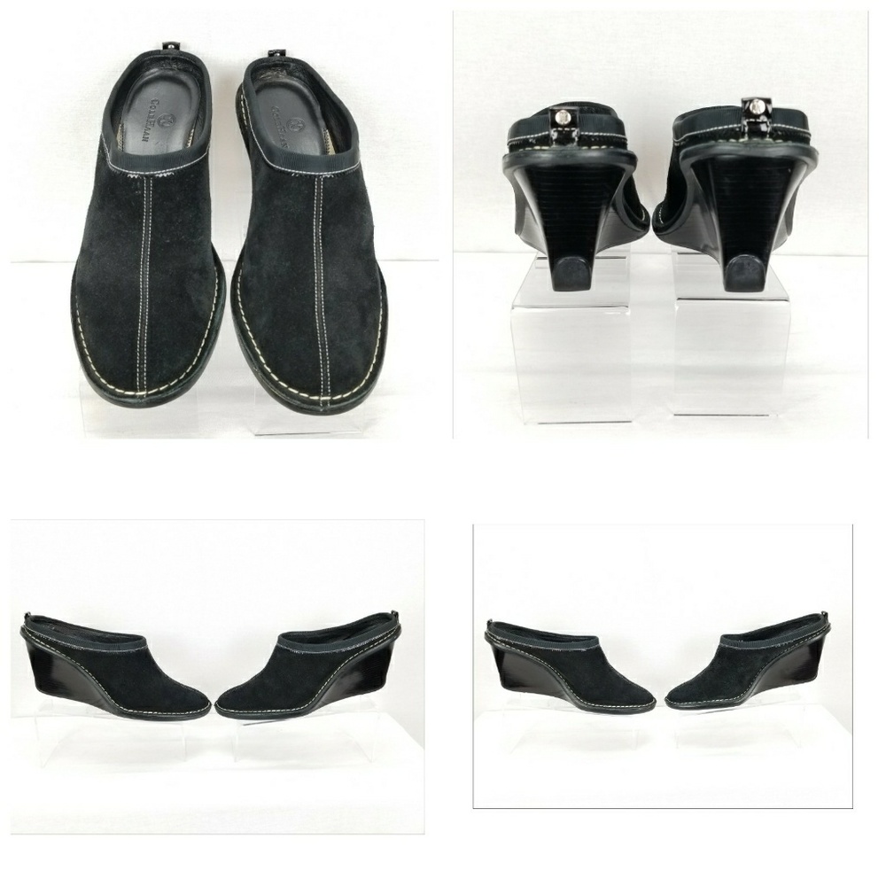 COLE HAAN BLACK SPLIT TOE SUEDE SLIP ON WEDGES