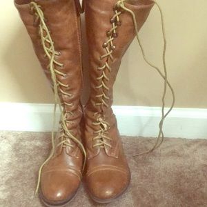 7.5 knee high lace up brown leather boots