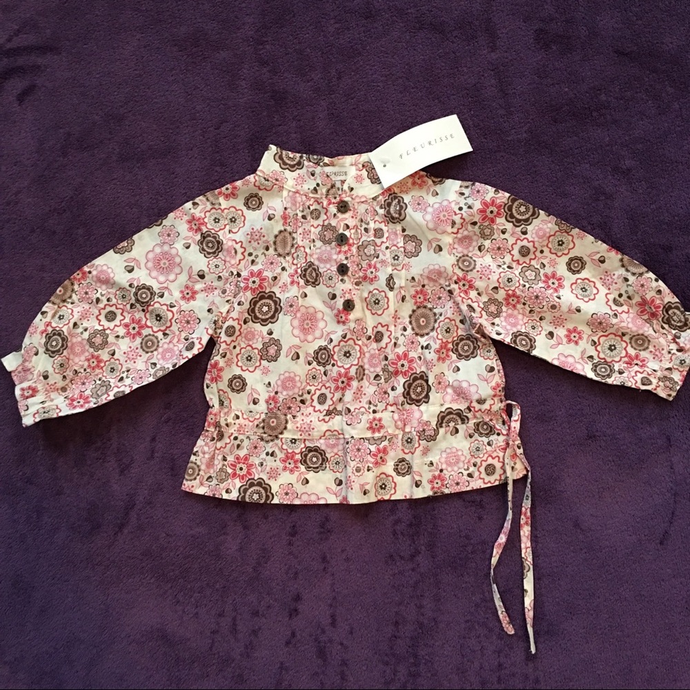 🆕🍼 Fleurisse Newborn Baby Girl Shirt Blouse 3-6mos Long sleeve half button