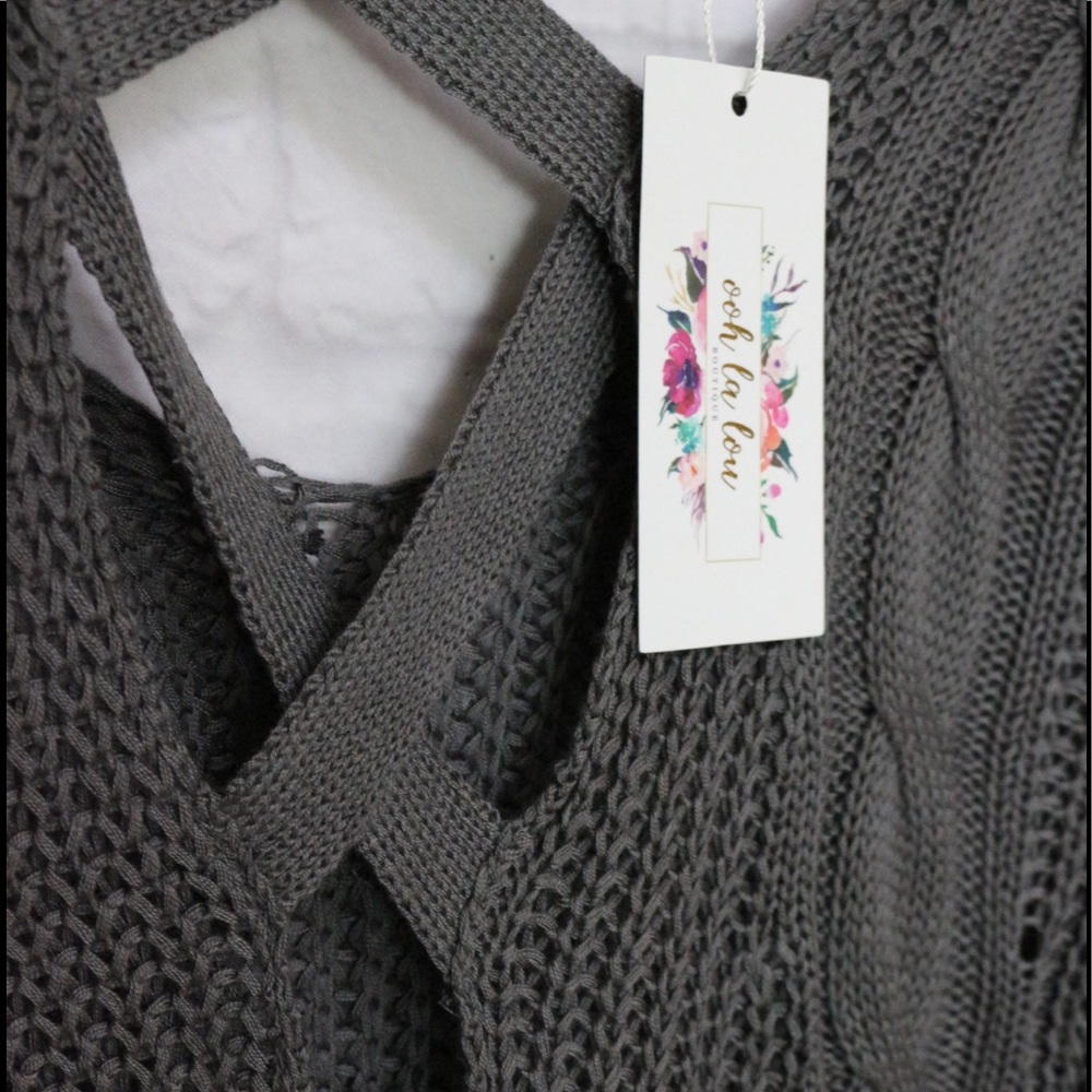 Grey Cross Open Back Sweater Strappy Tunic Cable - Picture 2 of 5