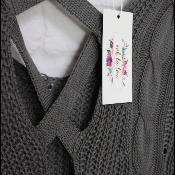 Grey Cross Open Back Sweater Strappy Tunic Cable - Picture 2 of 5