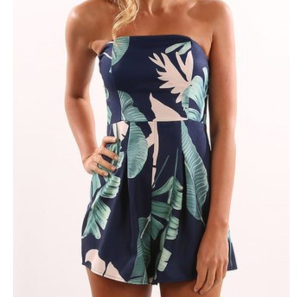 Navy Blue Tropical Palm Boho Romper