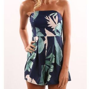 Navy Blue Tropical Palm Boho Romper