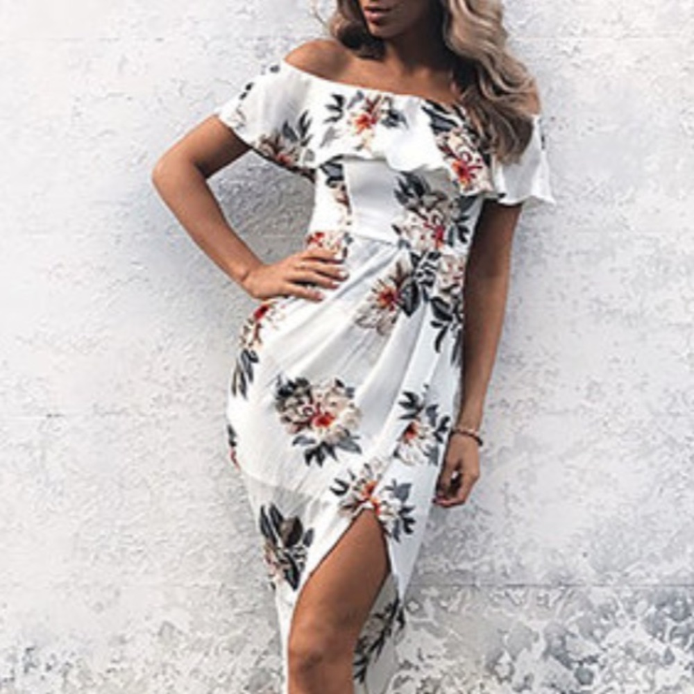 White Off Shoulder Floral Chiffon Boho Dress