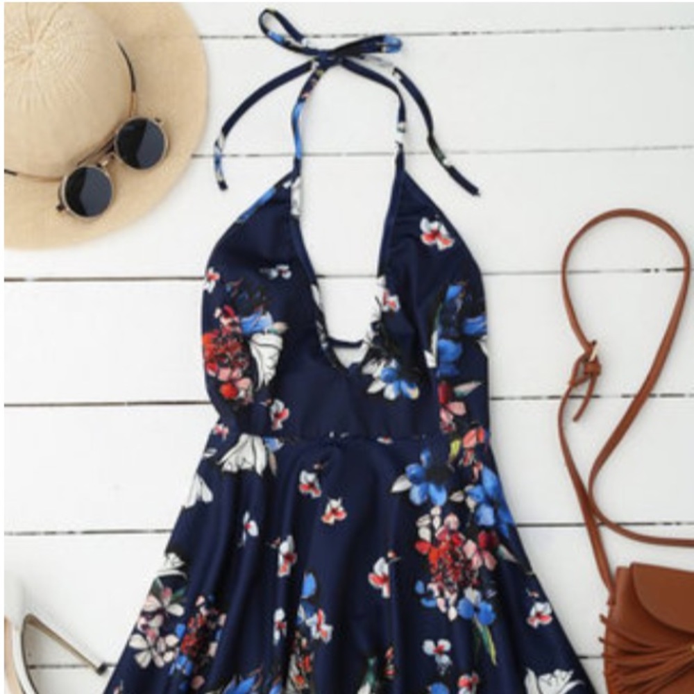 Dark Blue Girly Halter Floral Dress
