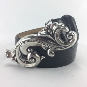 Brighton Sz S Black Leather Silvertone Belt Vtg 95