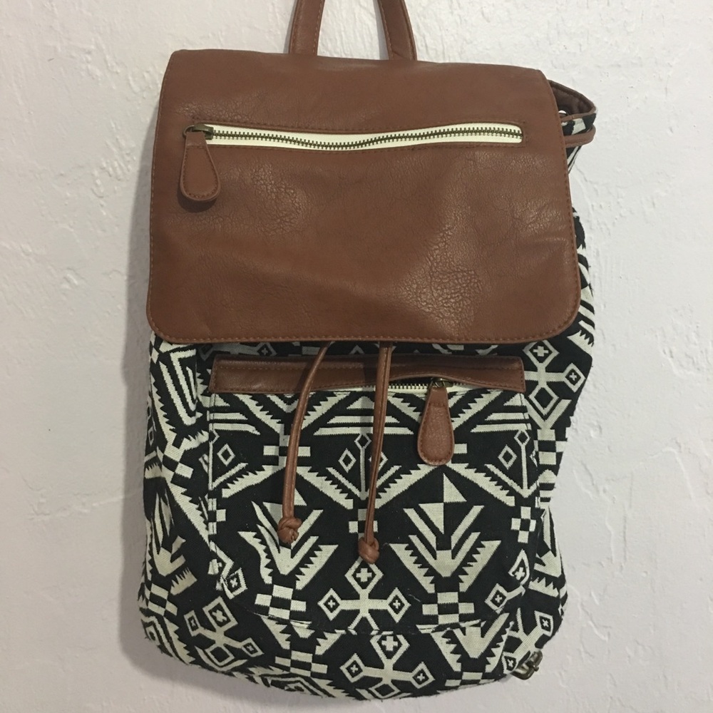 Canvas Printed Backpack w/ Brown Leather