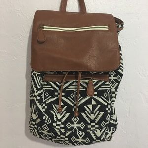 Canvas Printed Backpack w/ Brown Leather