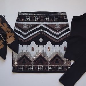 Express Tribal Print Sequin Skirt