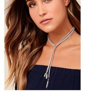 Feather silver and grey lariat necklace