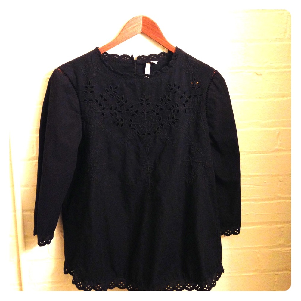 Black three quarter sleeve cotton eyelet lace top