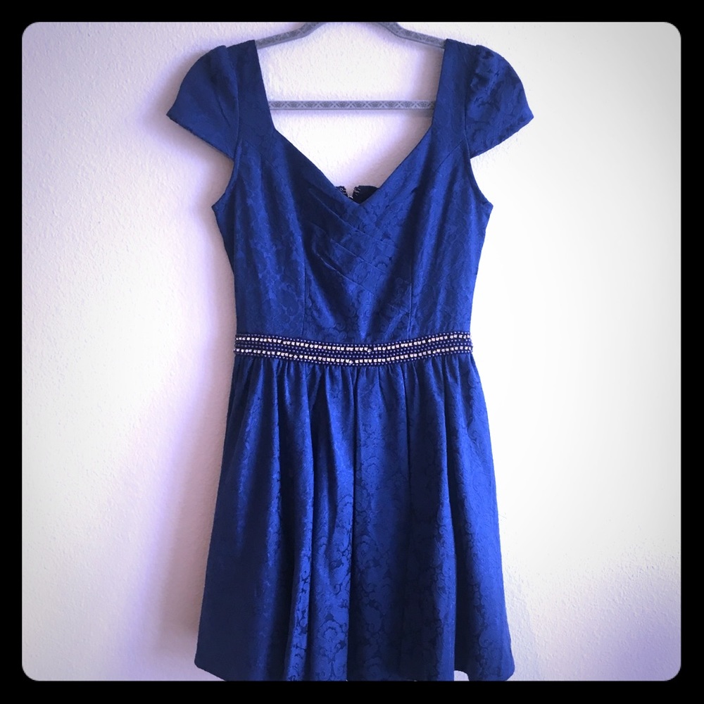 Francesca’s Blue Fit & Flare Stoned Belt Dress