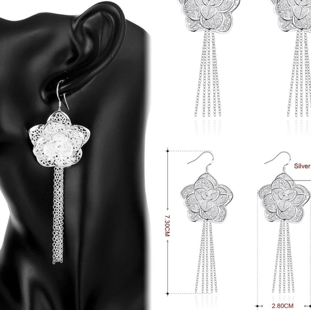 Sterling Silver Flower Dangle Earrings