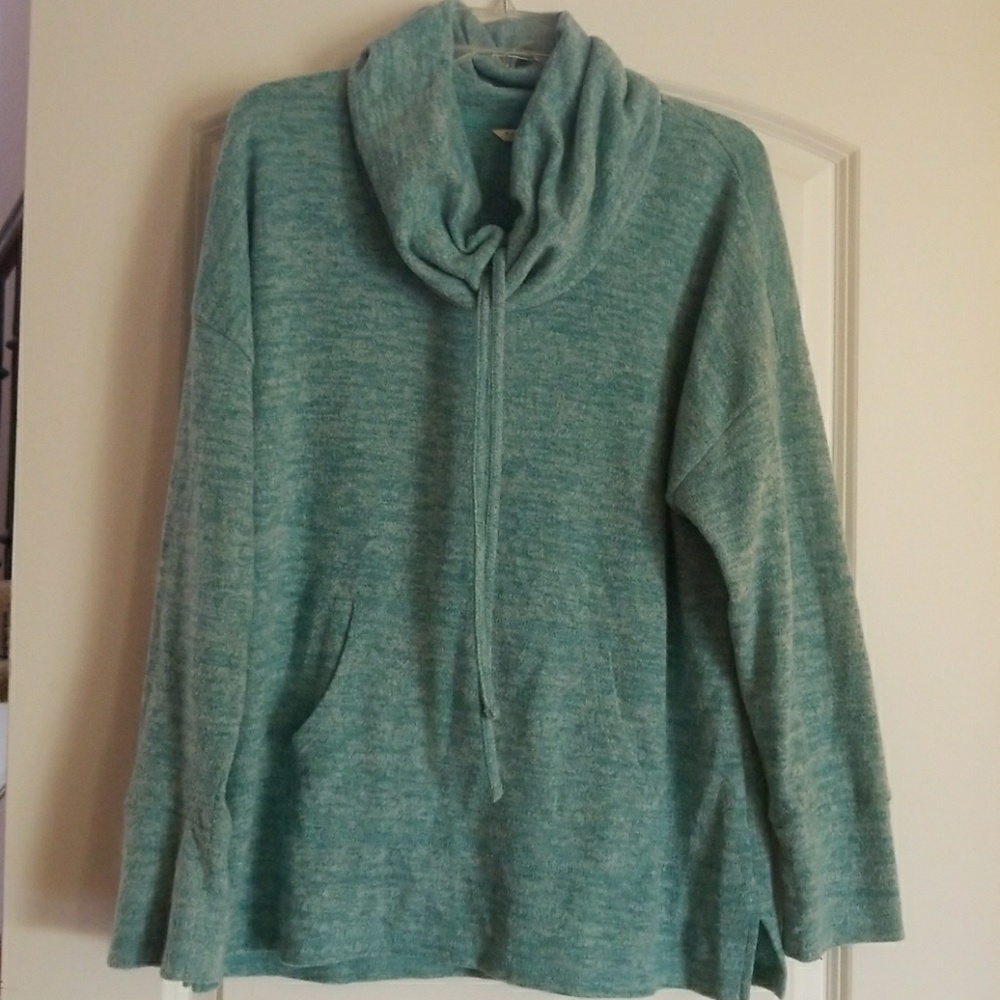 Fuzzy warm teal "sweat shirt" cowl neck