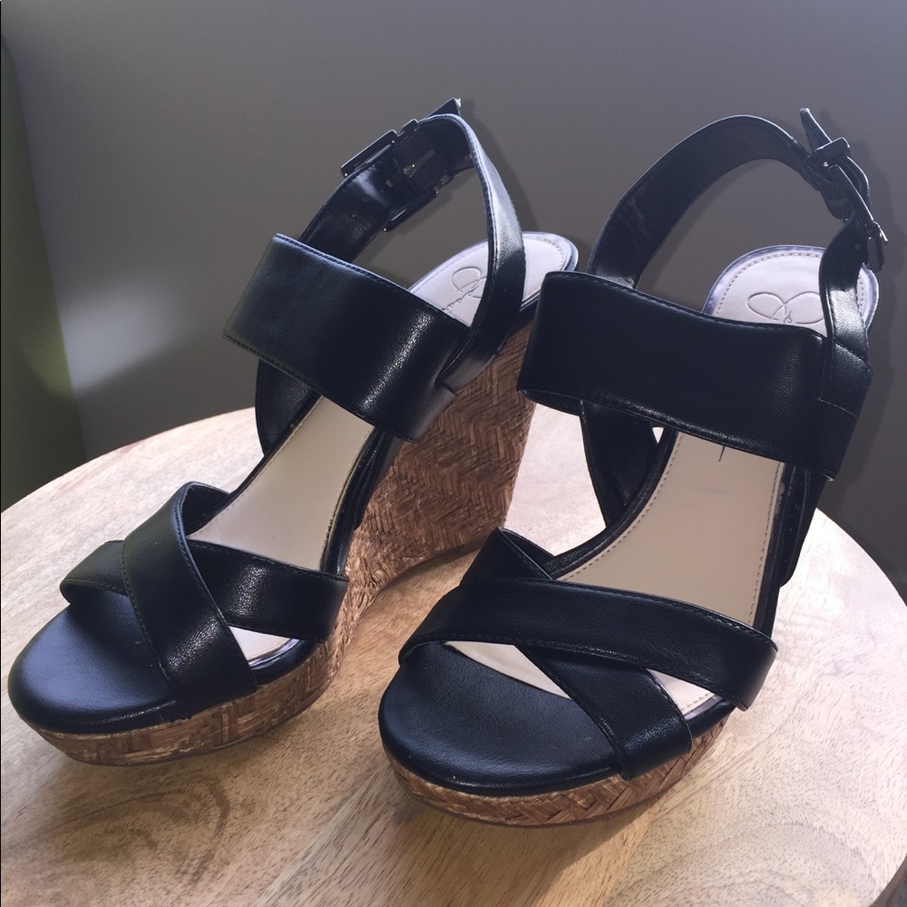 Jessica Simpson Black Leather Wedge Sandals