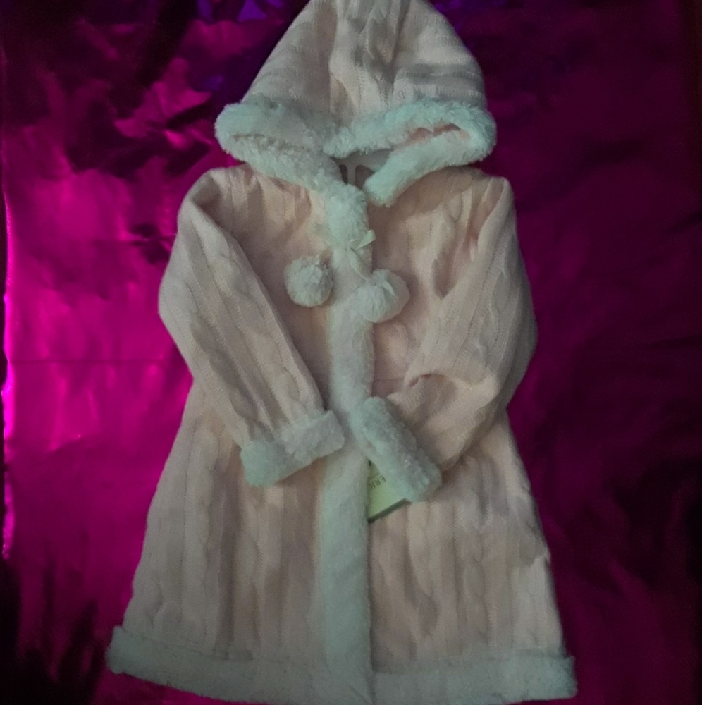 Pink hooded faux fur sweater jacket