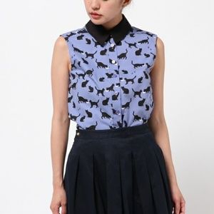 Kate Spade Live Colorfully Black Cat Button-up Top