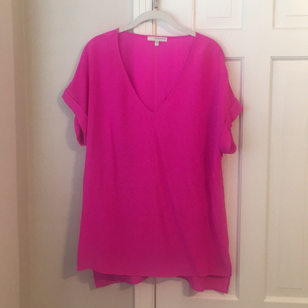Lavender Brown Hot Pink Short Sleeve Silk Blouse