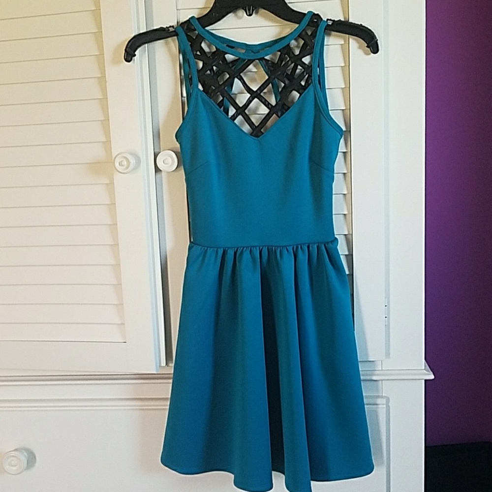 Teal and leather short party dress
