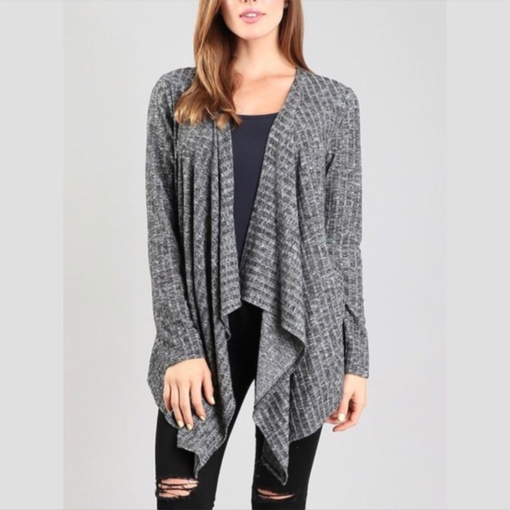 Gray Ribbed Open Front Drape Cardigan