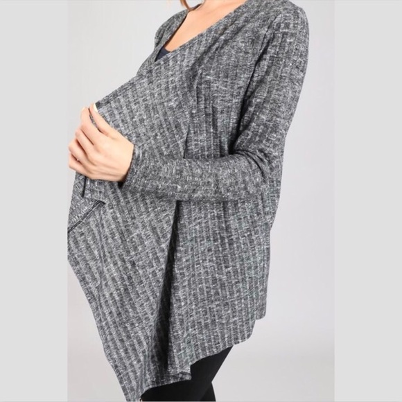 Gray Ribbed Open Front Drape Cardigan - Picture 2 of 7