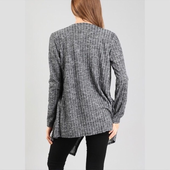 Gray Ribbed Open Front Drape Cardigan - Picture 3 of 7