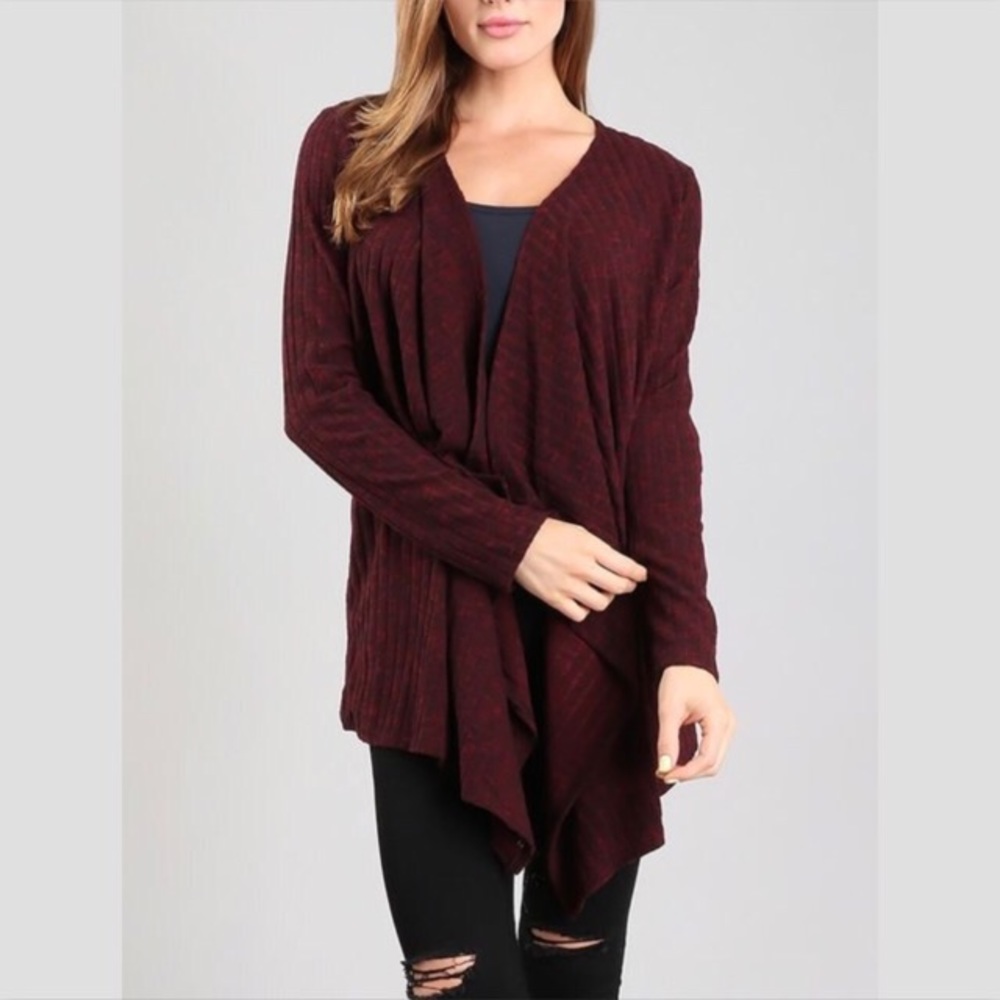 Burgundy Ribbed Open Front Drape Cardigan