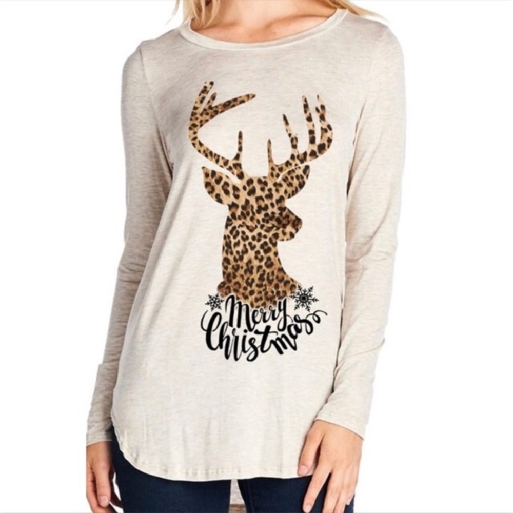 SALE Oatmeal Festive Leopard Print Long Sleeve Top