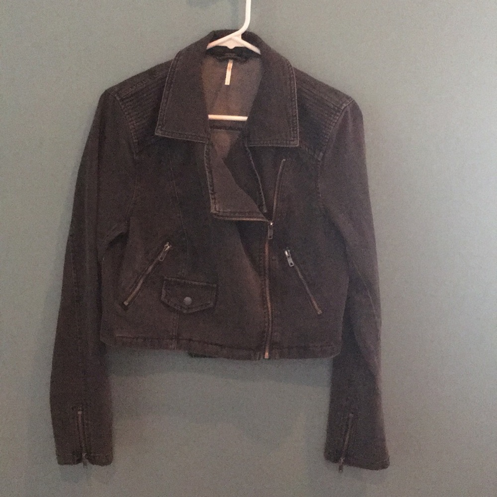 Free People Cotton Denim Moto Jacket