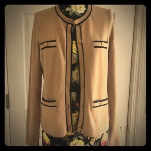 🎄C Wonder Tan Button Cardigan Black Trim Sz M