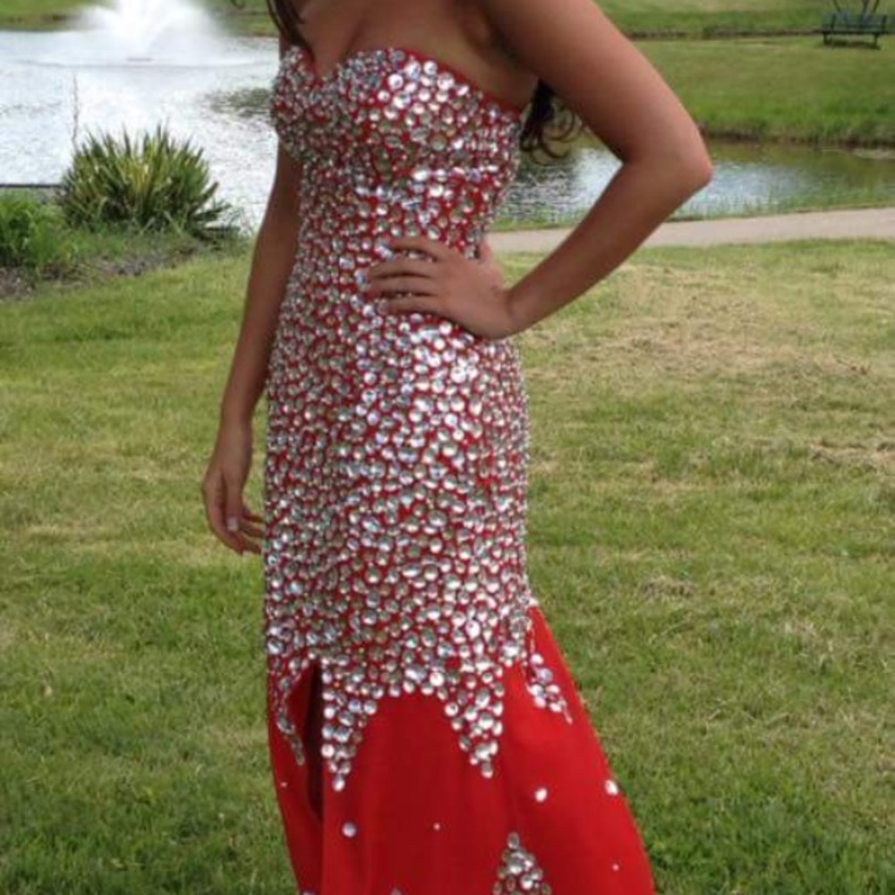 Red bedazzled prom dress