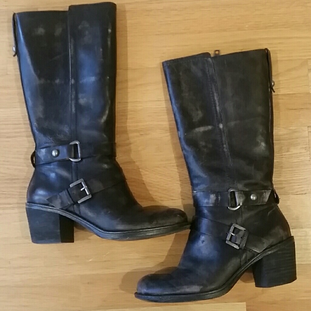 Blk leather trendy distressed midi boots