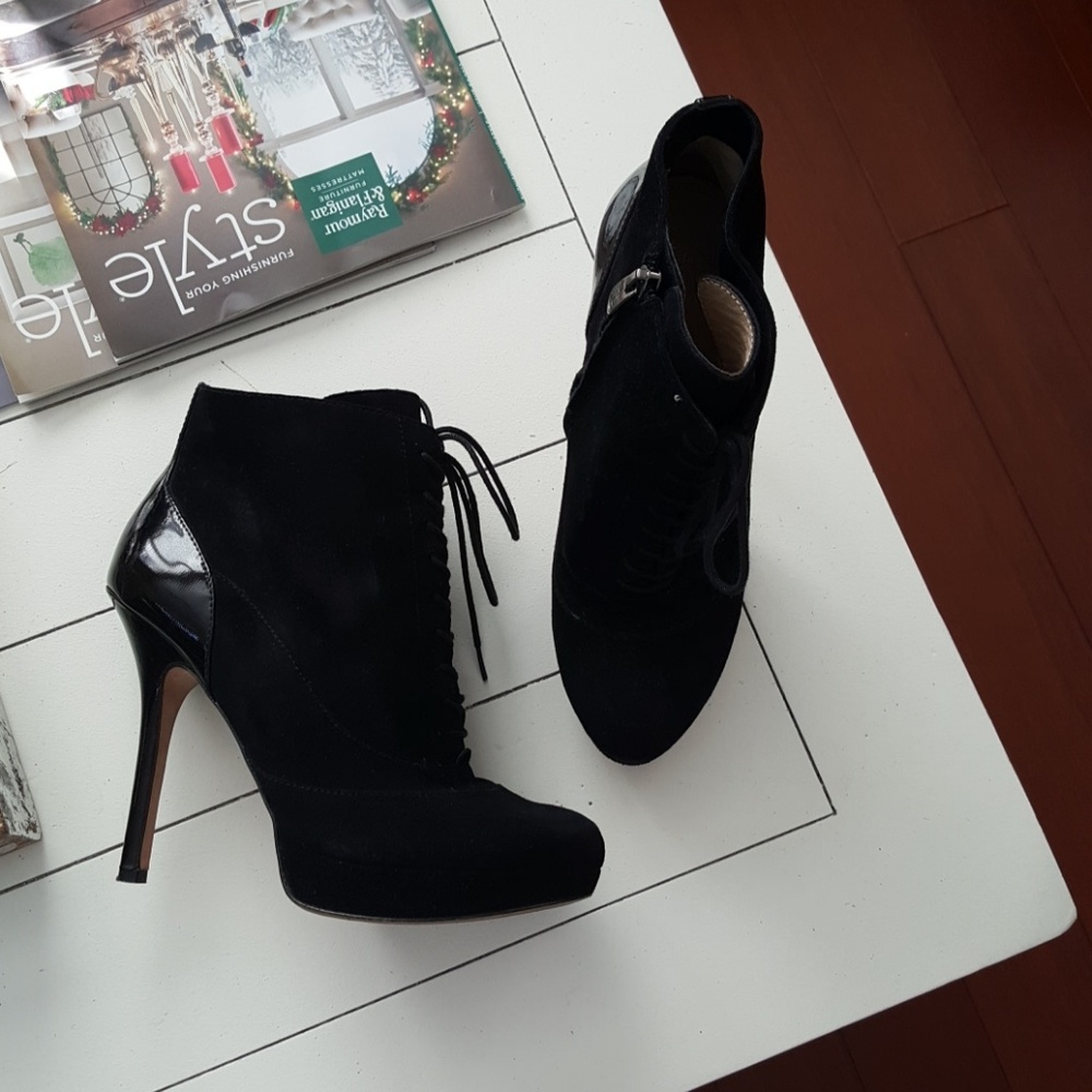 Black suede booties wedges high heels Joan&Dvid