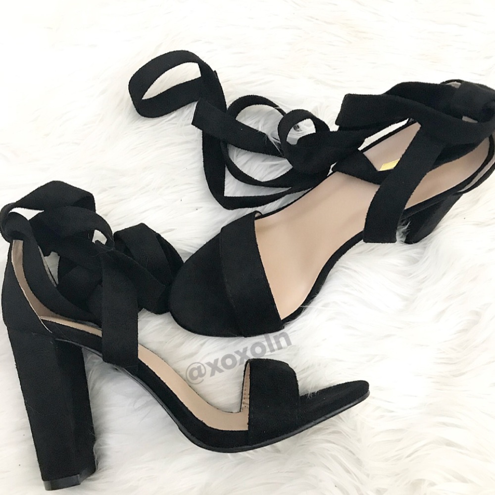 Black Lace Up Chunky Heels - Picture 3 of 5