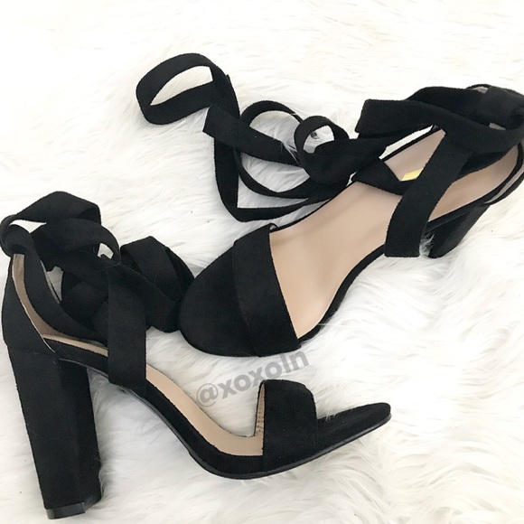 Black Lace Up Chunky Heels - Picture 3 of 5