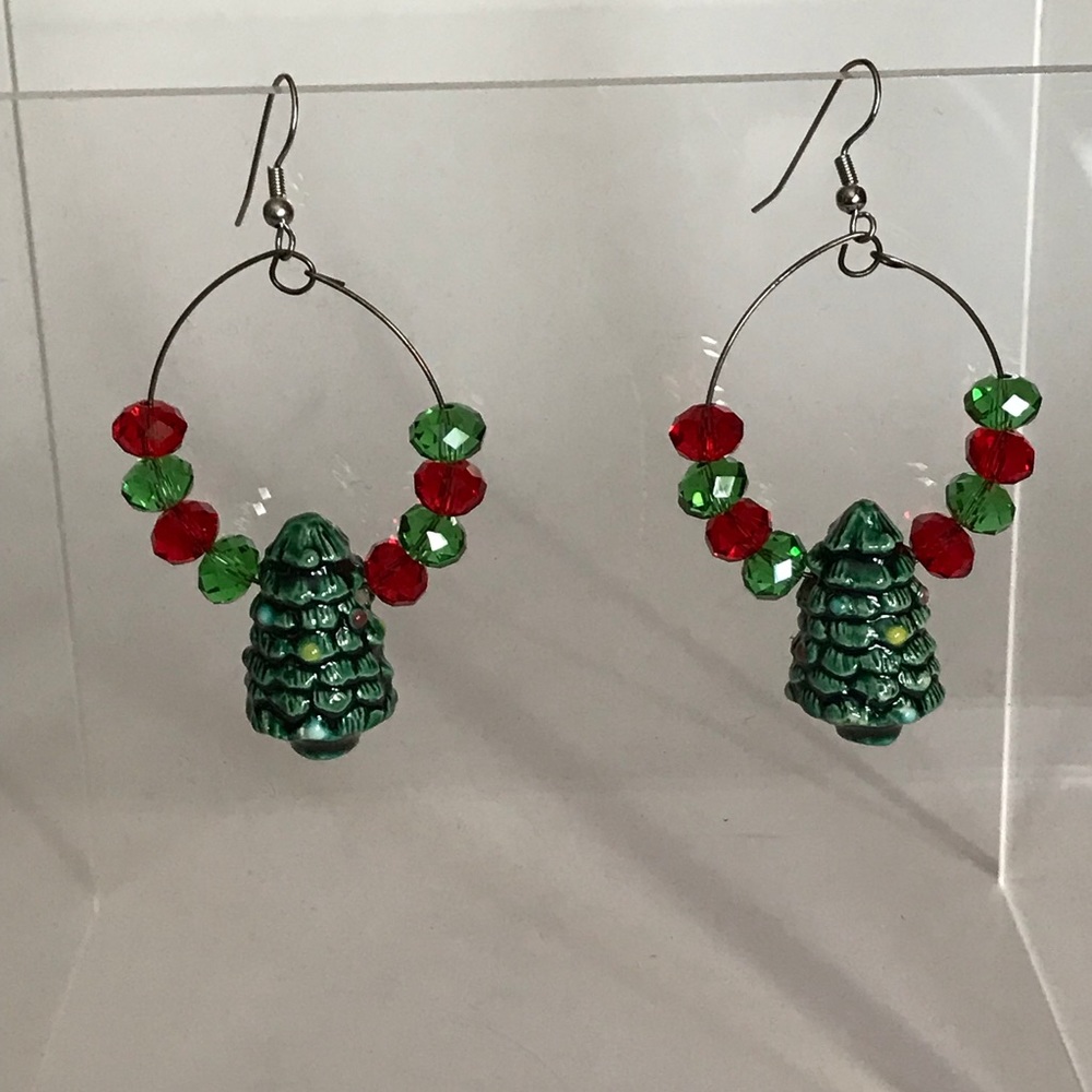 Christmas Tree Hoop Earrings Red and Green Beads