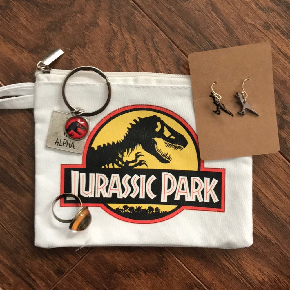 Jurassic Park Ring, earrings, keychain and pouch