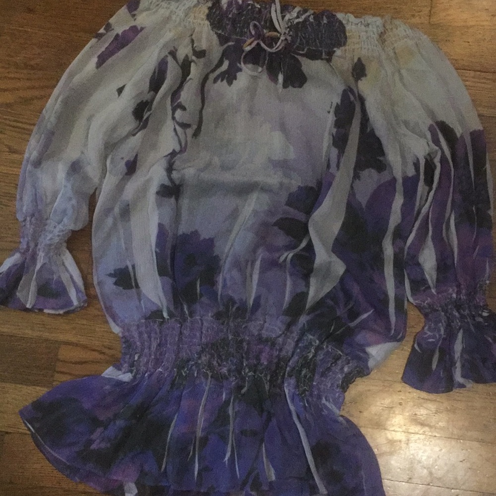 Guess purple sheer Blouse with elastic waist &neck