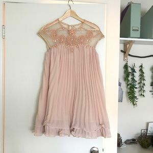 Embellished Pleated Dress-Nude Pink by Chicwish