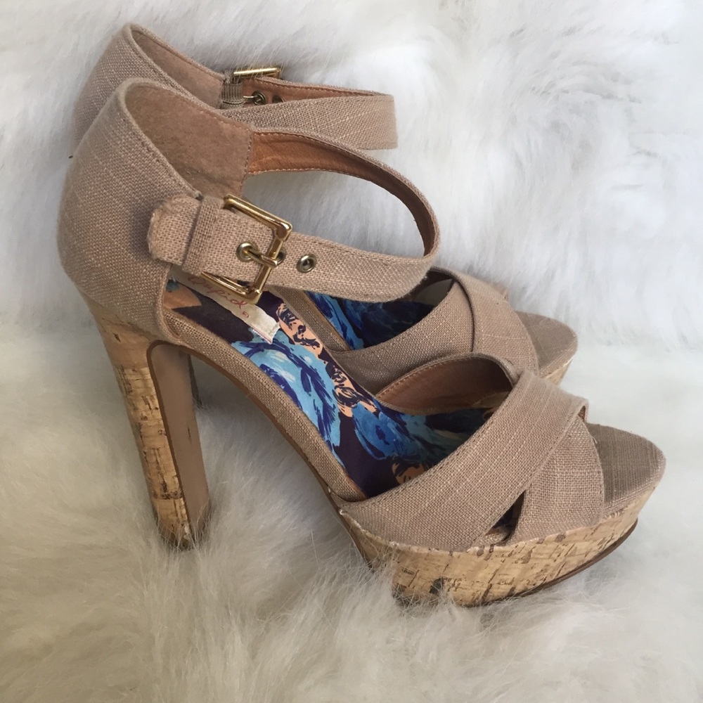 Tan Cris Cross Canvas Cork Heels