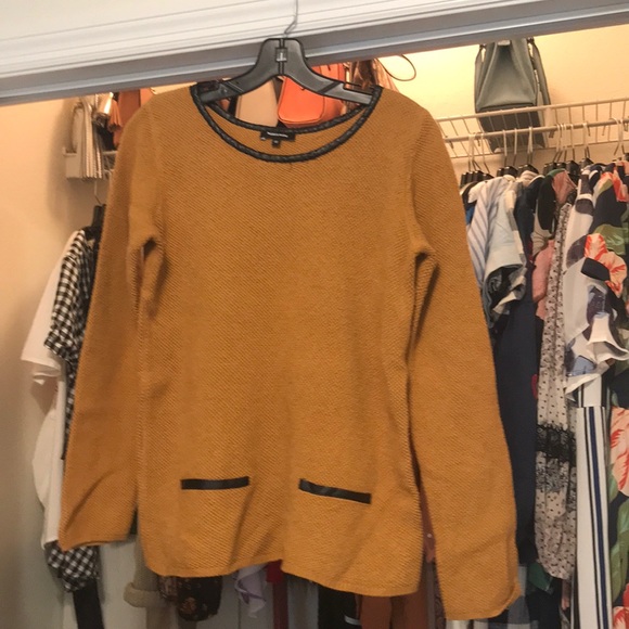 More&More Sweaters - Mustard/Black leather collar&pocket detail sweater