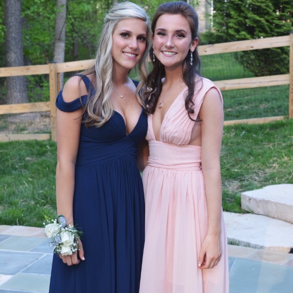Pale pink plunging neck prom dress