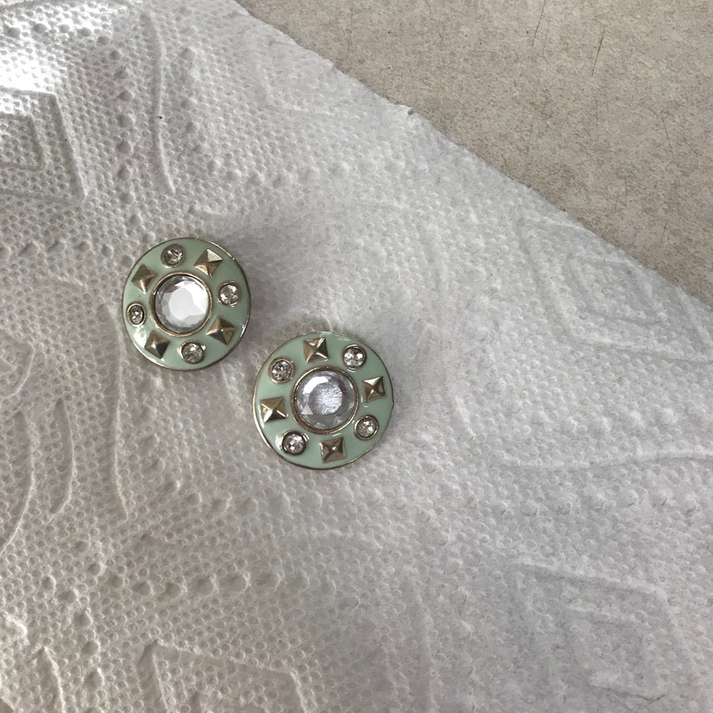 Green clip on earrings with silver rhinestones