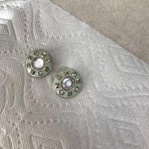 Green clip on earrings with silver rhinestones